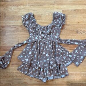 Alter’d State Floral Brown Romper Dress with Ruffle Sleeves